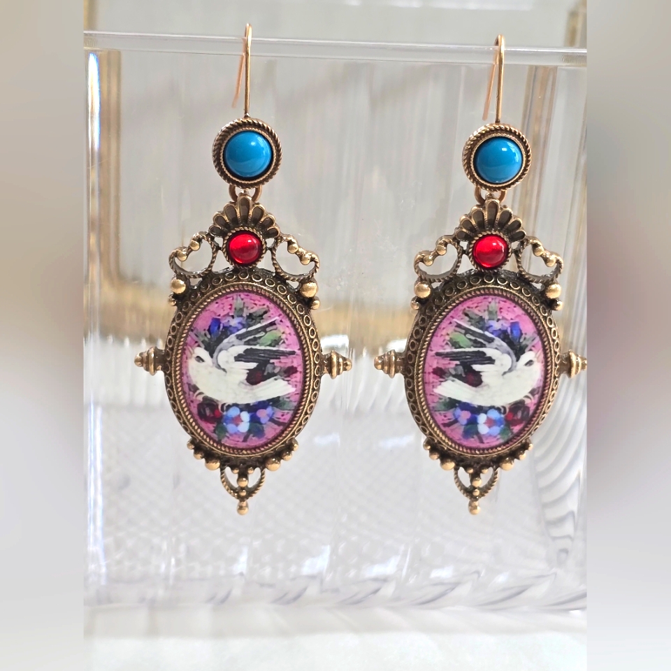 Vintage Western Style Printed Enamel Dove Earrings